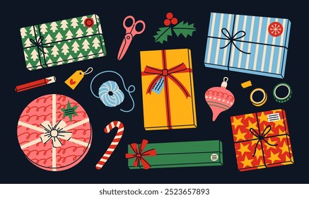 Cajas de regalo de Navidad Conjunto de preparación de bricolaje que incluye coloridos envoltorios de regalos con arcos, decoración, tijeras, bolígrafo, cintas washi y más. Ilustración vectorial plana.