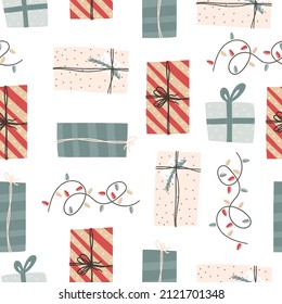 Christmas gift boxes and festive light seamless pattern, flat vector illustration on white background. Winter holidays celebration present packages with texture.