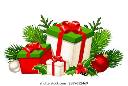 Cajas de regalo de Navidad, ramas de abetos, bolas de Navidad y completamente aisladas en un fondo blanco. Ilustración vectorial. Ilustración de mano, no IA