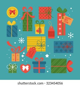 Christmas gift boxes flat stylish icons. Christmas sale concept. Vector illustration