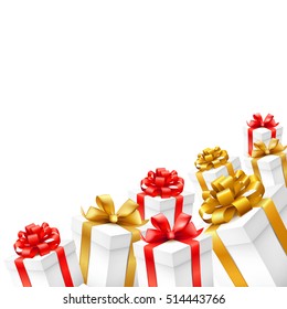 Christmas gift boxes with gold, red ribbons  isolated on white  background. Vector illustration.