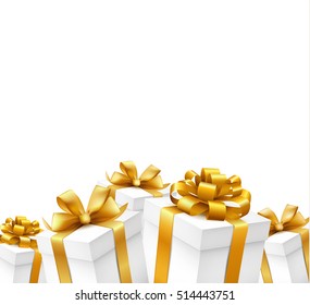 Christmas gift boxes with gold ribbons isolated on white  background. Vector illustration.
