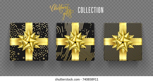 Christmas gift boxes with golden ribbon bow and gold wrapping pattern. Vector isolated gifts set for New Year or Christmas and Birthday greeting card decoration on transparent background