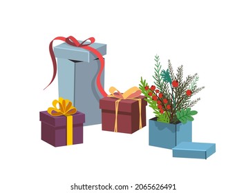Christmas gift boxes. Hand draw vector illustration isolated on white background. All elements are isolated