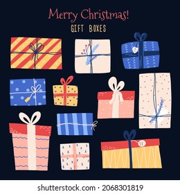 Christmas gift boxes in hand drawn cartoon style, flat vector illustration isolated on dark background. Set of holiday presents with colorful ornaments and patterns. Cute New Year decoration.