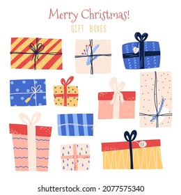 Cajas de regalo de Navidad con estilo de dibujos a mano, ilustración vectorial plana aislada en fondo blanco. Conjunto de regalos de vacaciones con adornos y patrones coloridos. Agradable decoración de Año Nuevo.