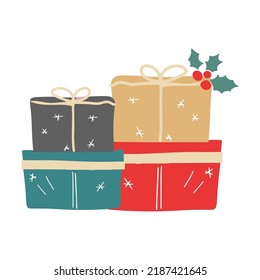 Cajas de regalo de Navidad. Elemento de diseño de vector dibujado a mano para tarjeta de saludo, pegatinas, carteles, sublimación.