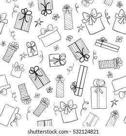 Christmas gift boxes. Hand drawn presents sketch. Seamless vector pattern. May be used as a coloring book