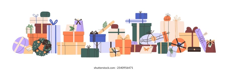 Christmas gift boxes heap. Many Xmas presents and New Year's surprises. Pile of wrapped giftboxes. A lot of festive packages for Birthday holiday. Flat isolated vector illustration on white background