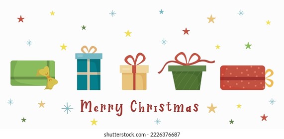 Christmas gift boxes horizontal banner. Flat design. Vector illustration.