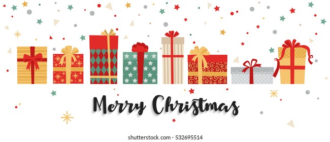 Christmas gift boxes horizontal banner. Vector illustration