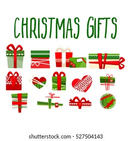 Christmas gift boxes icons set for holidays. Flat collection of gifts. Different gifts boxes decorated with bows. Vector Illustration.