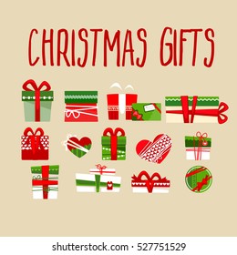 Christmas gift boxes icons set for holidays. Flat collection of gifts. Different gifts boxes decorated with bows. Vector Illustration.