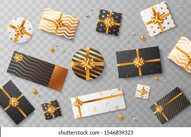 Cajas de regalo de Navidad aisladas en fondo transparente. Caja de regalo dispersa en blanco y negro con adorno dorado, lazo y arco. Vista superior. Sorpresa de Navidad. Elemento para su diseño. Ilustración del vector