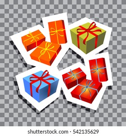 Christmas gift boxes isolated on transparent background. Xmas vector illustration. Design element for greeting cards or flyers.