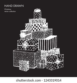 Christmas gift boxes laid out in the shape of a Christmas tree. Different package. Hand drawn vector conceptual graphic sketch. White on black background