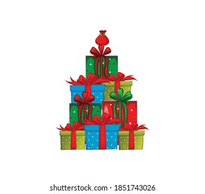Christmas gift boxes laid out in the shape of a Christmas tree; overhead view, vector illustration