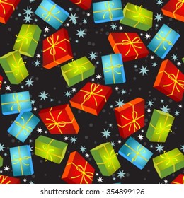 Christmas gift boxes on a black background. Seamless pattern.