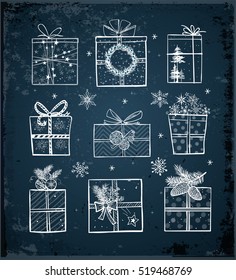 Christmas gift boxes on dark blue backrground. Doodle sketch vector illustration. 