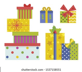 Christmas gift boxes with ornaments, bows and ribbons collection. Xmas presents wrapped in decorative paper, december festive party packed surprises icon set.