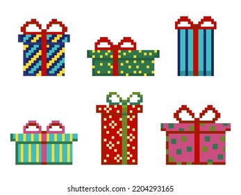 Christmas gift boxes with ornaments, bows and ribbons pixel art collection. Xmas presents wrapped in decorative paper, december festive party packed surprises set in retro 8 bit style.