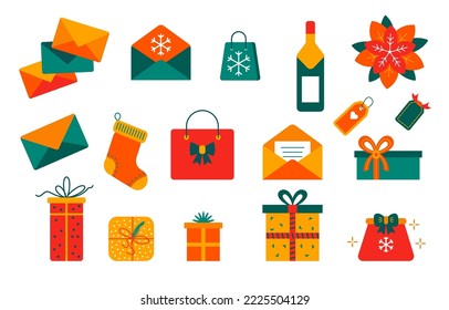 Christmas gift boxes and package illustration set. Winterholidays attributes.