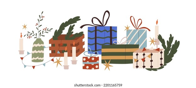 Christmas gift boxes in paper wrapping with bows, winter holiday decoration, Xmas ornament, candles composition. New Year presents, stuff. Flat vector illustration isolated on white background