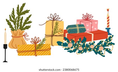 Christmas gift boxes in paper wrapping, winter holiday decoration, Xmas ornament, candles composition. New Year presents, stuff. Vector hand draw illustration isolated on white background