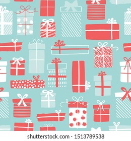 Christmas gift boxes pattern with ribbons in hand drawn doodle style. Winter holiday background with presents. Seamless design for greeting cards, invitations, posters. 