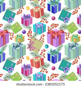 Christmas gift boxes in a pattern.Vector seamless pattern with colorful Christmas gifts on a transparent background.