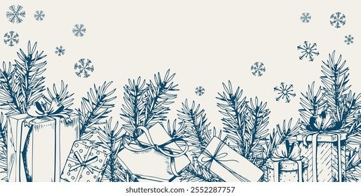 Christmas gift boxes and pine branches border. Horizontal arrangement. Hand drawn vector illustration.