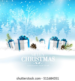 Christmas gift boxes, pinecones and branches in the snow - Christmas greeting card