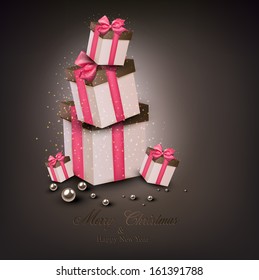 Christmas gift boxes with pink ribbons over dark background. Vector illustration. 