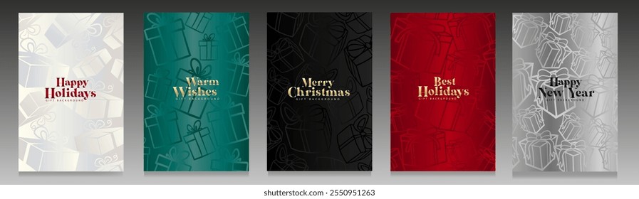 Cajas de regalo de Navidad presentadas en elegantes paletas de colores: negro, rojo, verde, platino y plata. Diseño moderno dorado, perfecto para tarjetas de felicitación, fondo festivo y decoraciones digitales de lujo.