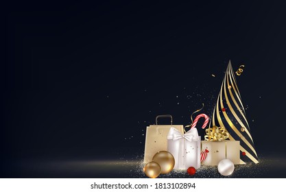 Christmas gift boxes, presents with holidays decoration on black background. Greeting card. New year 2021. Realistic vector.