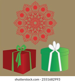 Christmas Gift Boxes with Red Mandala Ornament Design, Red and Green Presents with Decorative Bows, 
 Festive Holiday Card or Seasonal Decoration, Perfect for Christmas Art and Design Projects  