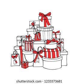 Christmas gift boxes with  red ribbons and bows. Vector hand drawn sketch isolated on a white