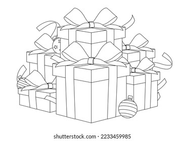 Christmas gift boxes with ribbons and balls, coloring page outline vector drawing.