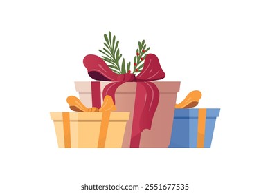 Christmas gift boxes with ribbons, bows, and festive greenery illustration