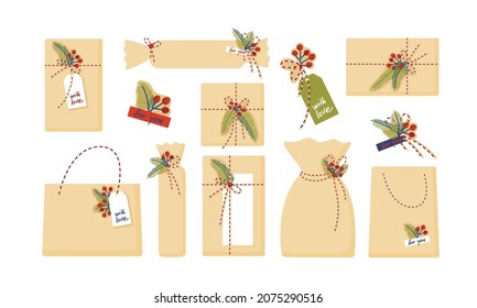 Christmas gift boxes with ribbons. Winter holiday sat with presents. Vector illustration isolated