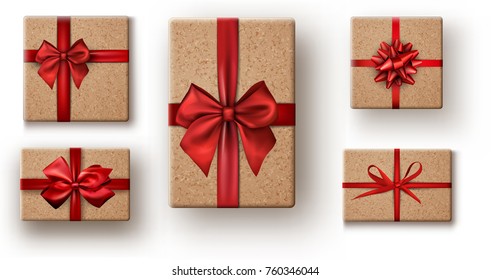 Cajas de regalo de Navidad con arcos de satén sobre fondo blanco. Ilustración de la vista superior del vector.