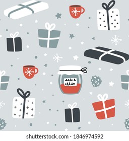 Christmas gift boxes seamless pattern with cup of hot drink and jam in glass jar. New Year in doodle trendy style. Vector illustration for packaging, background, printing and fabric
