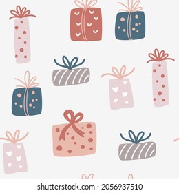 Christmas gift boxes seamless pattern. Creative Scandinavian background for wallpaper, clothing, packaging invitations, posters. Holiday repeated texture with presents. Vector Cartoon illustration.