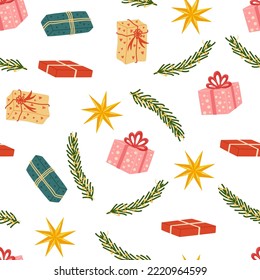 Christmas gift boxes seamless pattern. Creative Scandinavian background for wallpaper, clothing, packaging invitations, posters. Holiday repeated texture with presents. Vector Cartoon illustration.