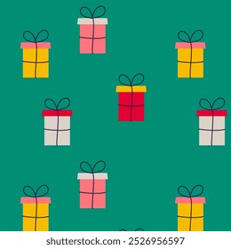 Christmas gift boxes seamless pattern. New Year gifts seamless pattern. Hand drawn texture for fabric, packaging, textiles, wallpaper, clothing