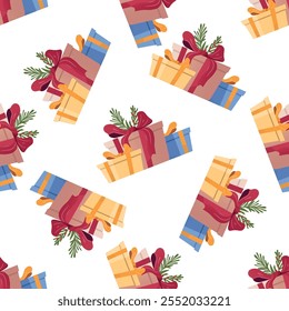 Christmas gift boxes seamless pattern with ribbons, bows, and festive greenery illustration