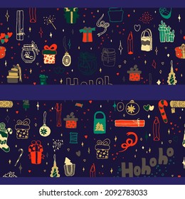 Cajas de regalo de Navidad patrones sin fisuras. Carteles de Año Nuevo. Regalos de dibujos animados, fondos vectoriales de azul oscuro. Deslumbrante, chispas, caramelos y juguetes. Textil de invierno. 