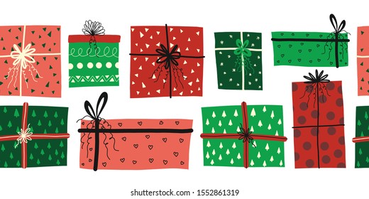 Christmas Gift boxes seamless vector border. Repeating pattern with colorful wrapped presents red green white. Christmas gift box with bows design Scandinavian style. Holiday art 