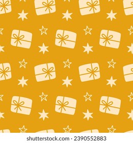 Christmas Gift Boxes Seasonal Vector Seamless Pattern Winter Holidays Gifts Background Illustration. Hand drawn repeat texture. For wrapping paper, textile design, vintage home decor