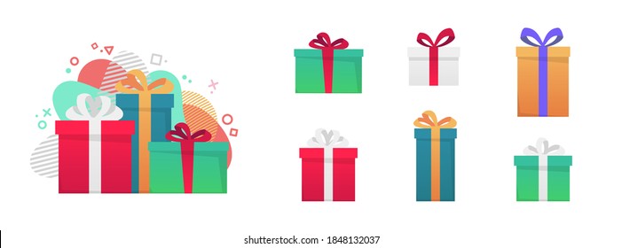 Cajas de regalo de Navidad. Conjunto de 6 cajas presentes coloridas. Iconos de cajas de regalo para Navidad, compras, regalos, fiestas, venta de fiestas. Elementos de decoración vectorial para banner, diseño de afiches.